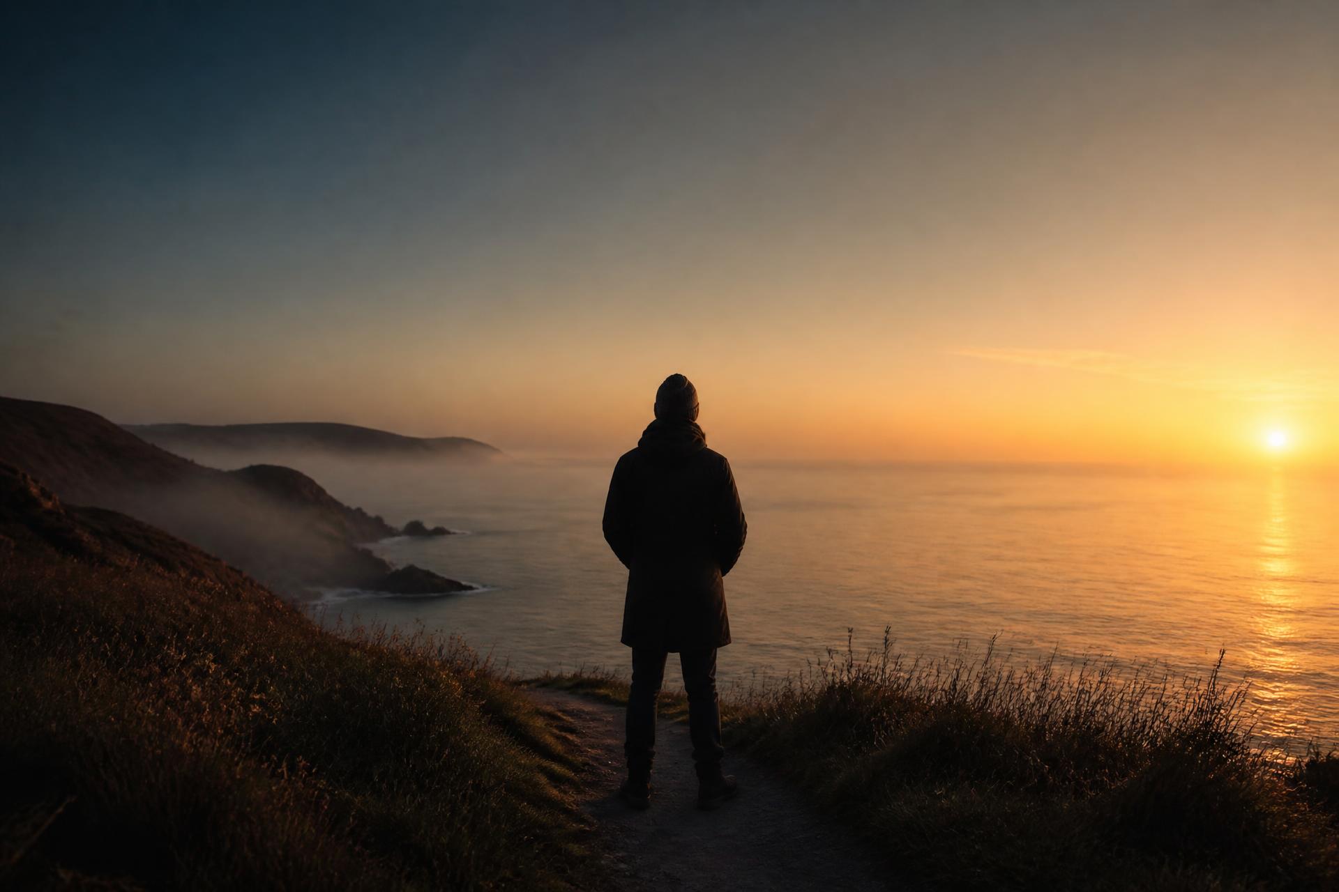 A person standing quietly on a coastal path at first light