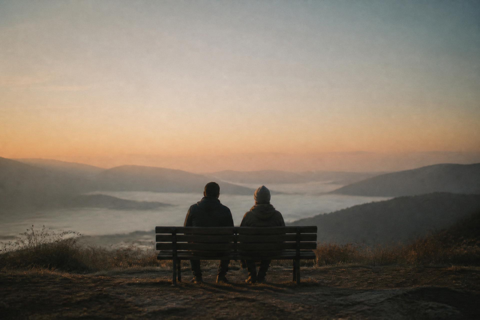 Two people sitting quietly on a bench above a misty valley at first light